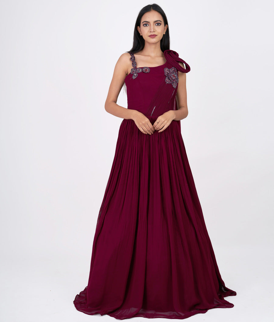 Majentha Applic With Pearl And Sequins And Cutdana Work Indo Western Gown Gown