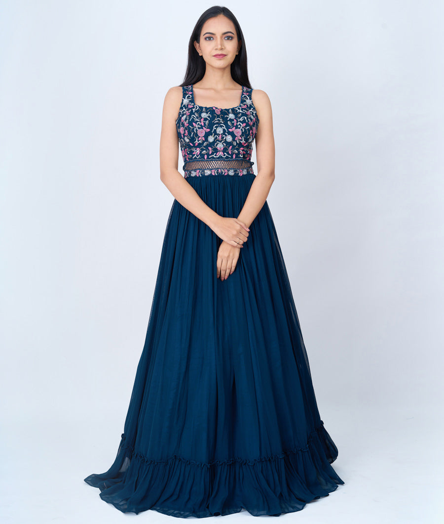 Rama Blue Sequins With Cutdana And French Knot And Thread Embroidery Work & Ruffle Dupatta Anarkali Salwar Kameez_KNG95553