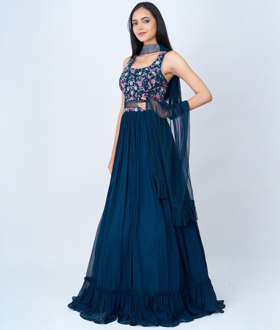 Rama Blue Sequins With Cutdana And French Knot And Thread Embroidery Work & Ruffle Dupatta Anarkali Salwar Kameez_KNG95553
