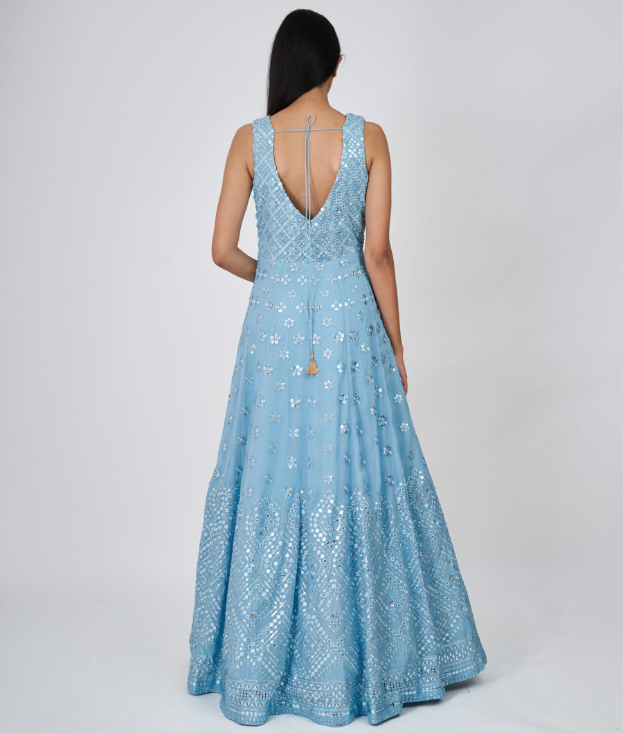 Sky Blue Self Thread Embroidery With Sequins Work Anarkali Salwar Kameez