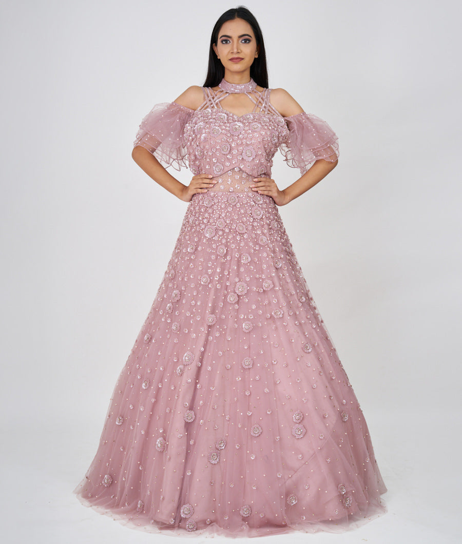 Lavender Sequins And Cutdana And Pearl And Jarkan Stone Work Ball Gown Gown_KNG95997