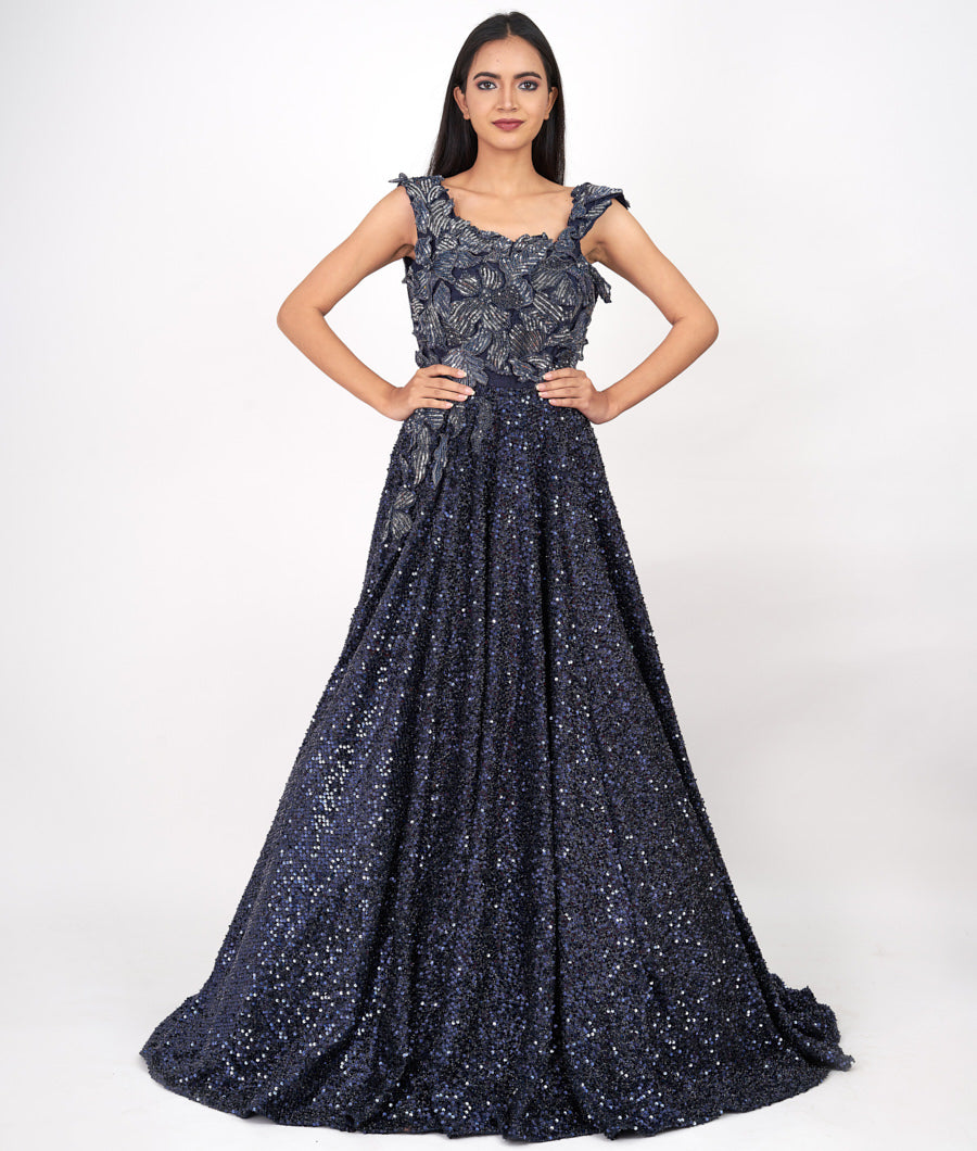Navy Blue Alover Self Sequins With Pearl And Sequins And Cutdana And Applic Work Indo Western Trail Gown Gown