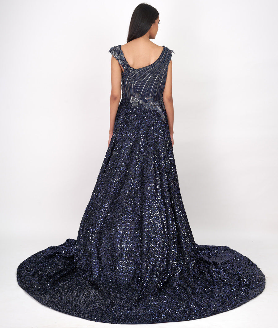Navy Blue Alover Self Sequins With Pearl And Sequins And Cutdana And Applic Work Indo Western Trail Gown Gown