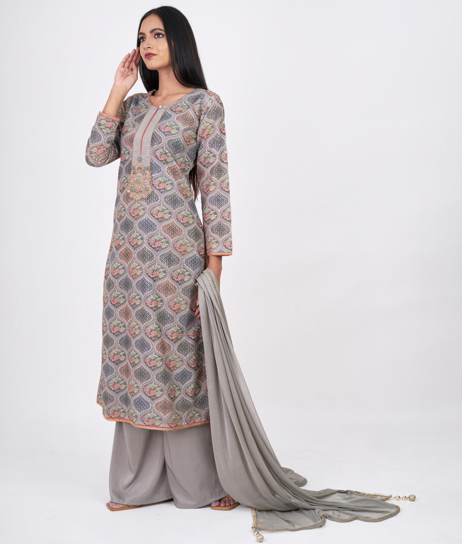Grey Locknow Embroidery With Sequins Work Straight Cut Top With Palazzo Set Salwar Kameez