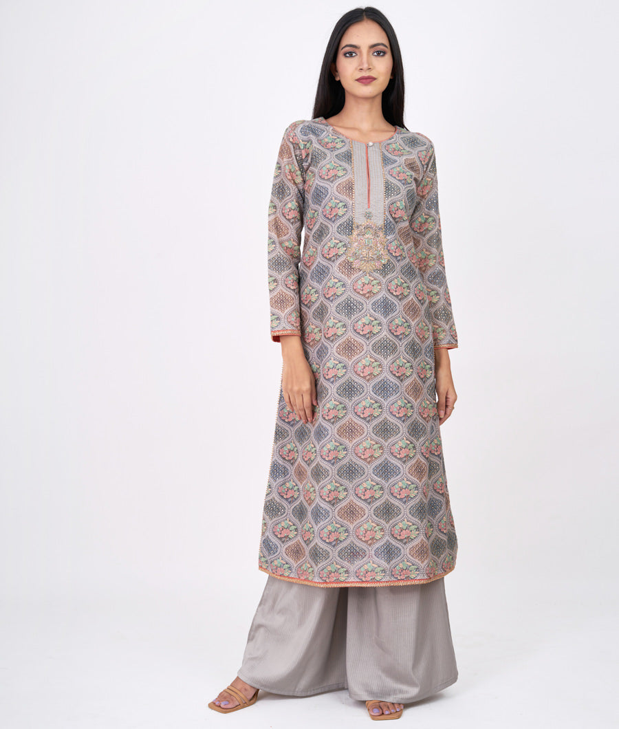 Grey Locknow Embroidery With Sequins Work Straight Cut Top With Palazzo Set Salwar Kameez