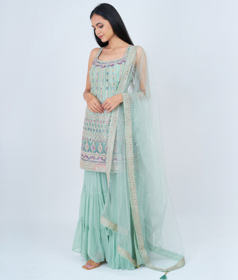 Pista Green Thread And Zari Embroidery With Pearl And Mirror And Sequins And Jarkan Stone Work Straight Cut Top With Sharara Bottom Salwar Kameez
