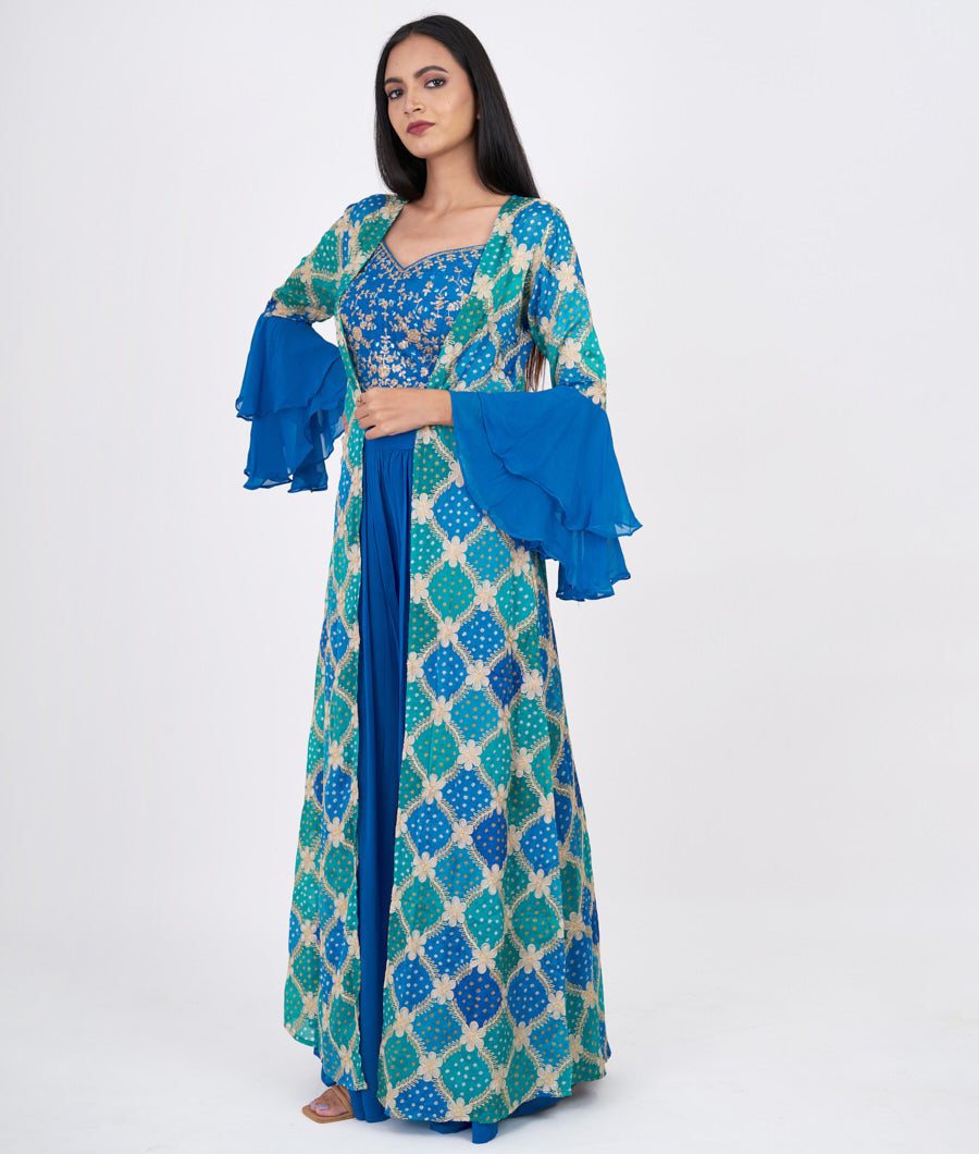 Blue With Green Pita Zari With Sequins And Mirror And Jarkan Stone Work Crop Top With Palazzo Set Salwar Kameez