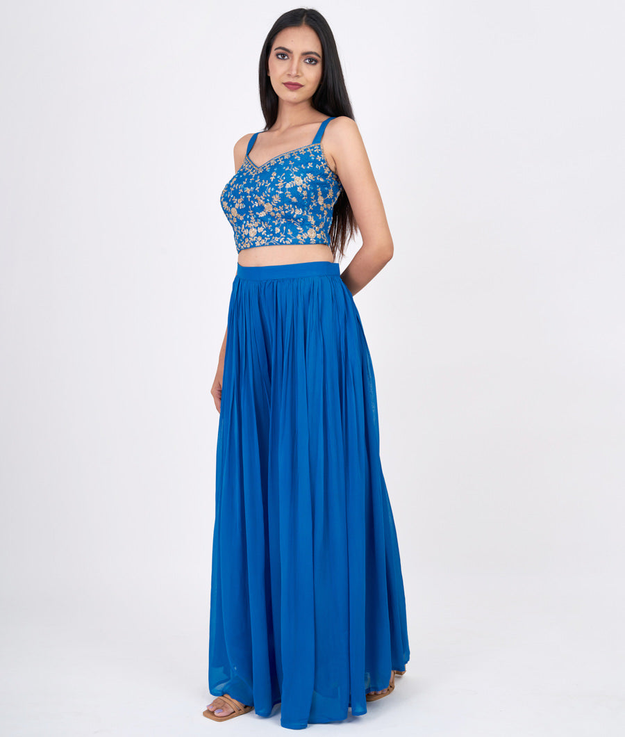 Blue With Green Pita Zari With Sequins And Mirror And Jarkan Stone Work Crop Top With Palazzo Set Salwar Kameez