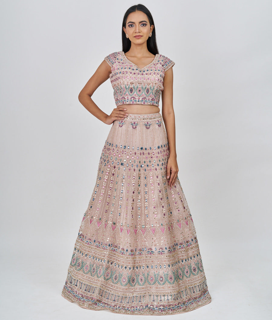 Pink Multi Color Thread And Zari Embroidery With Sequins And Pearl And Mirror And Jarkan Stone Work  Lehenga