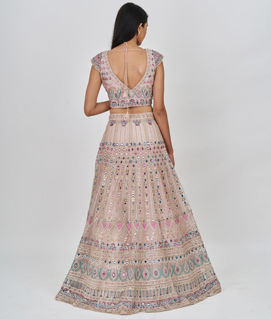 Pink Multi Color Thread And Zari Embroidery With Sequins And Pearl And Mirror And Jarkan Stone Work  Lehenga