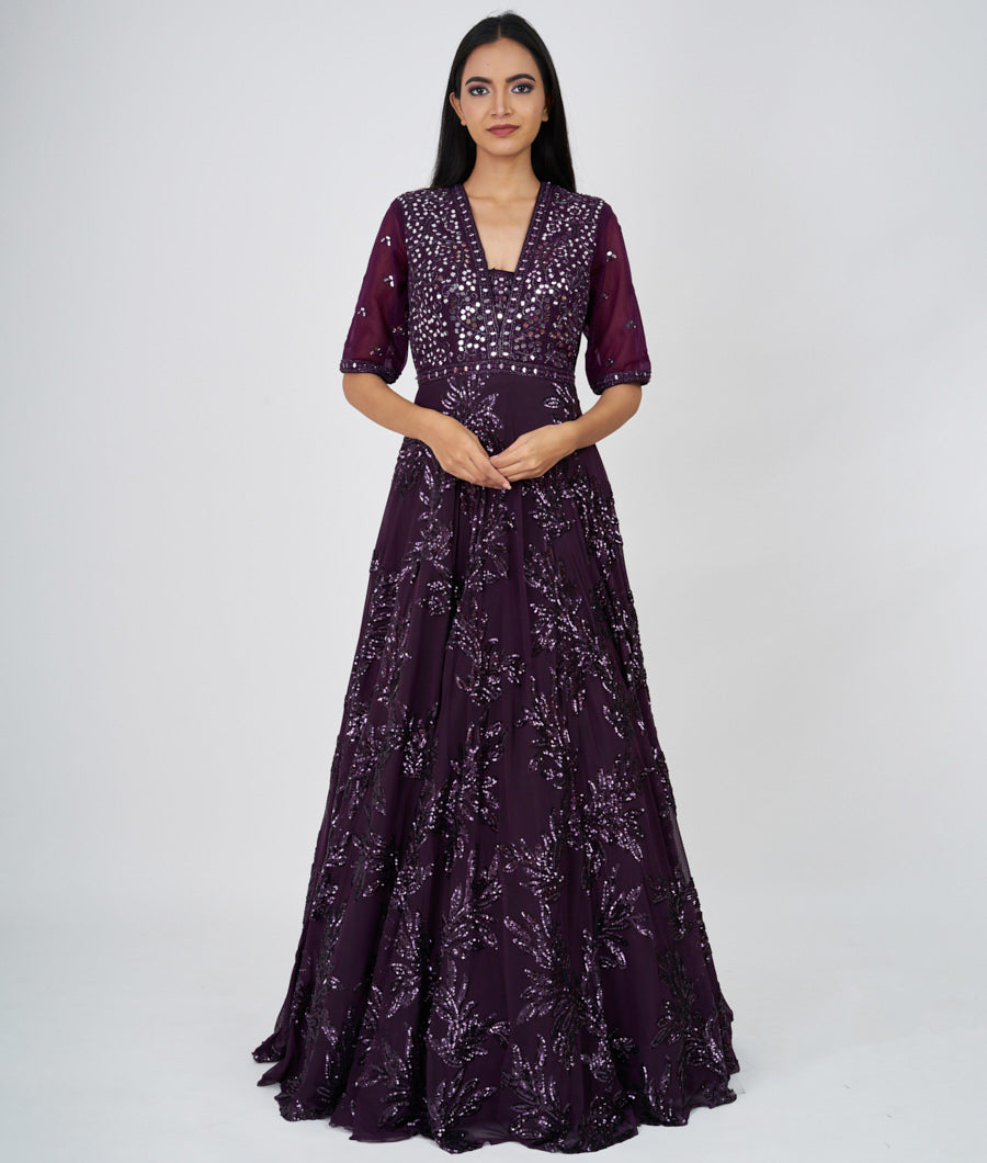 Wine Self Sequins With Cutdana And Mirror Work Ball Gown Gown_KNG96613