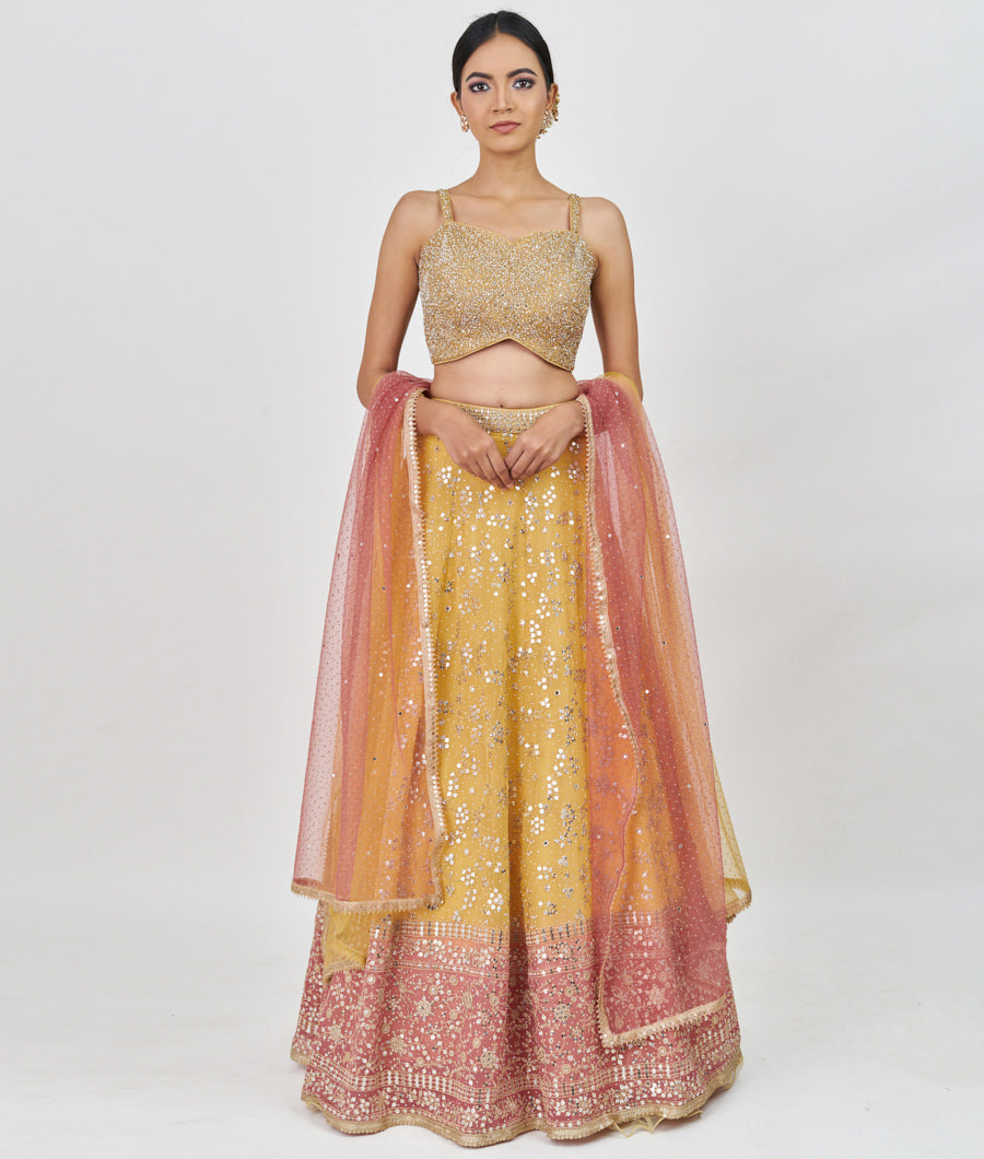 Yellow/Onion Pink Zari Embroidery With Sequins And Mirror And Jarkan Stone Work  Lehenga