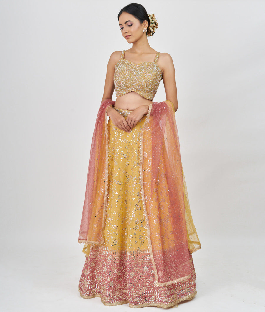 Yellow/Onion Pink Zari Embroidery With Sequins And Mirror And Jarkan Stone Work  Lehenga
