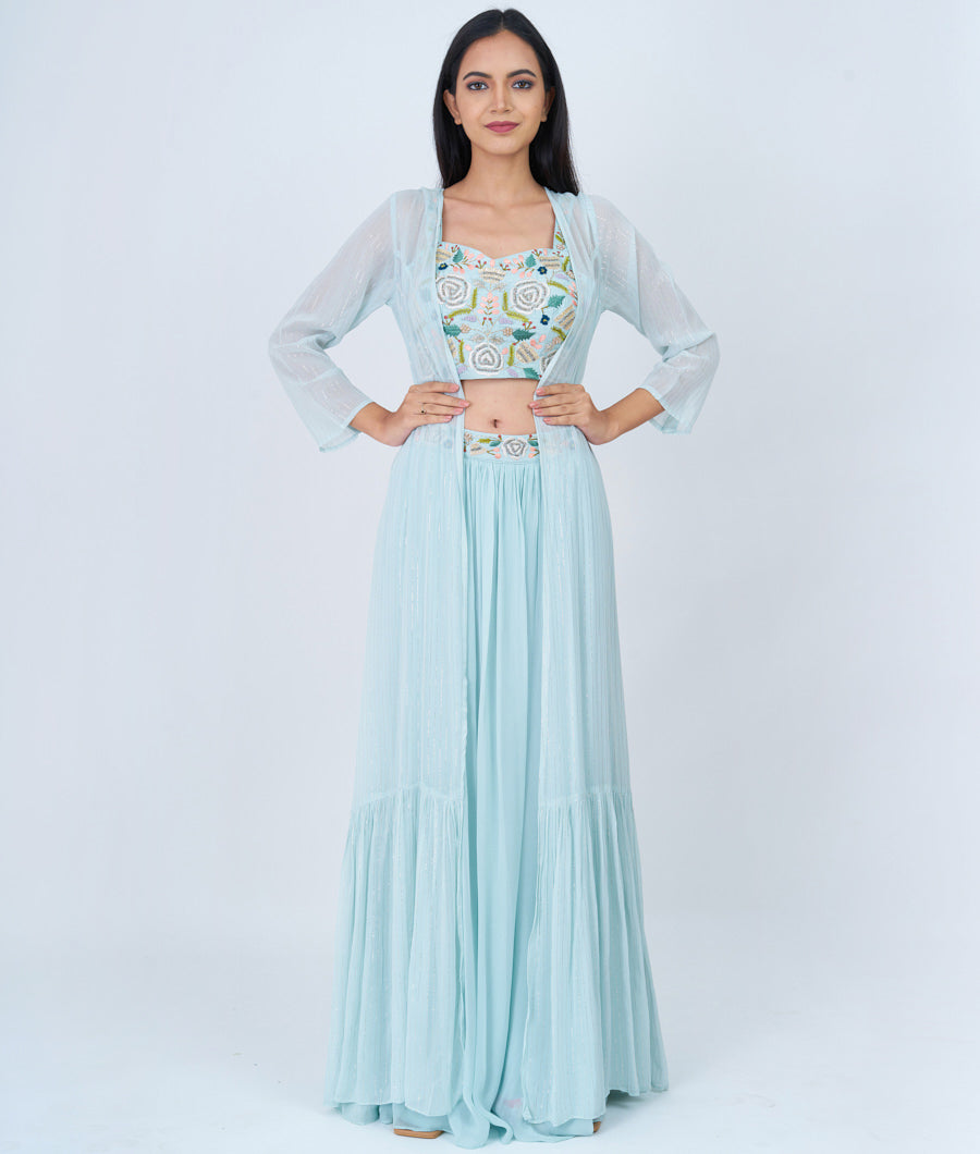 Sky Blue Multi Color Thread Embroidery With French Knot And Cutdana And Pearl Work Crop Top With Palazzo Set Salwar Kameez
