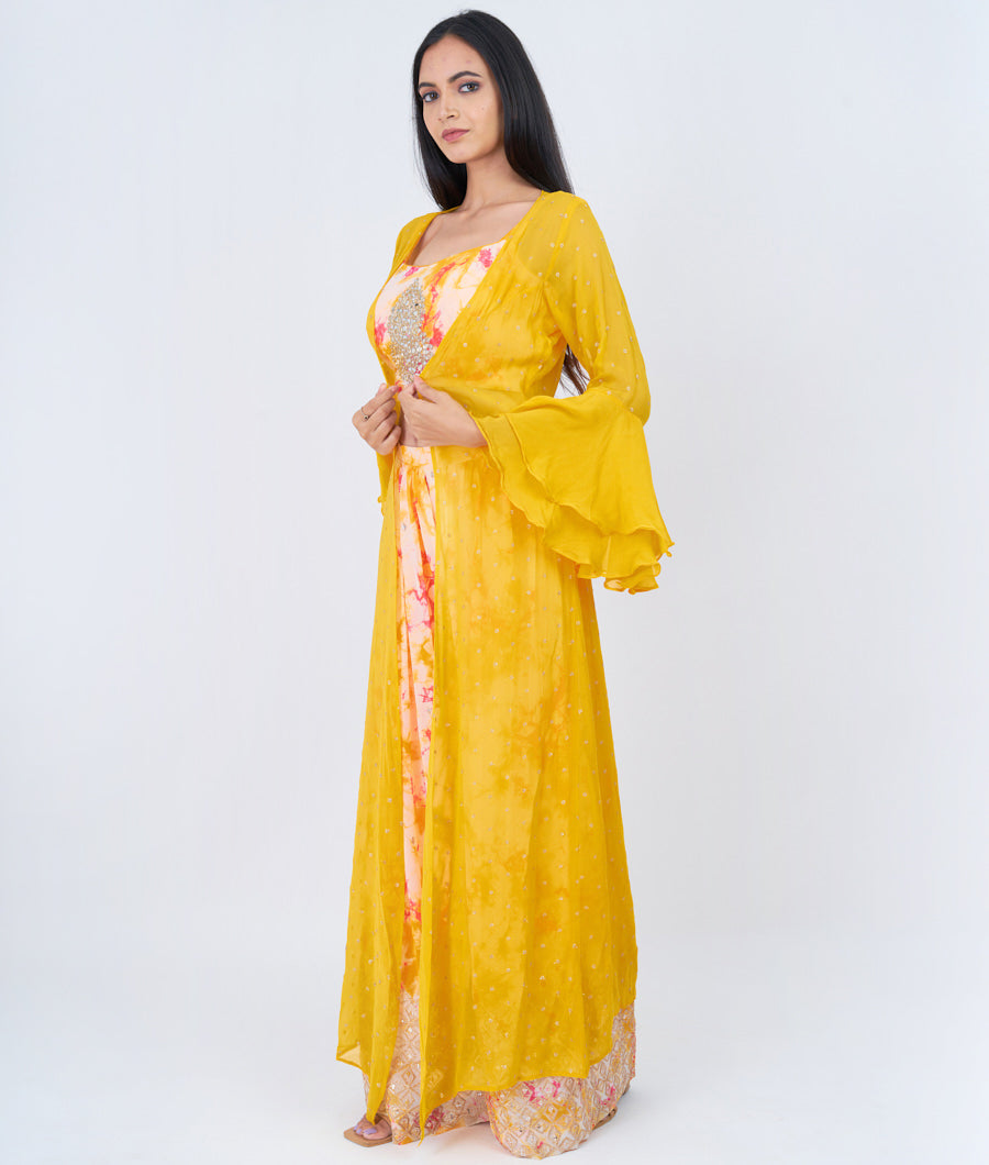Off White/Yellow Zari Embroidery With Sequins And Mirror
 Work Crop Top With Palazzo Set Salwar Kameez