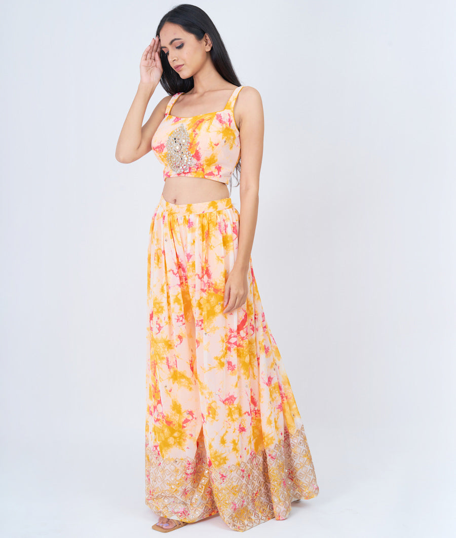 Off White/Yellow Zari Embroidery With Sequins And Mirror
 Work Crop Top With Palazzo Set Salwar Kameez