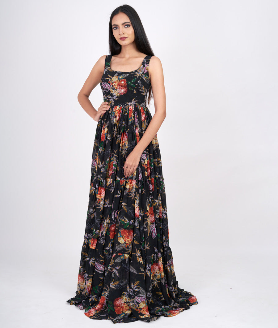 Black Floral With Micro Stone Work Indo Western Gown Gown