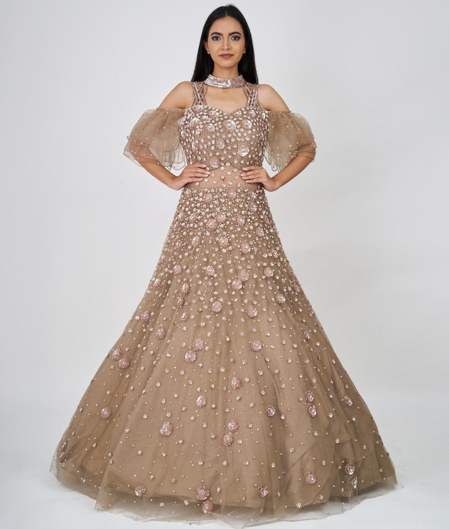Lite Grey Sequins And Cutdana And Pearl And Jarkan Stone Work Ball Gown Gown