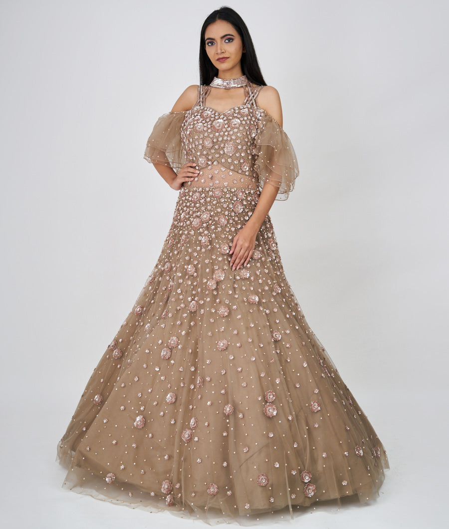 Lite Grey Sequins And Cutdana And Pearl And Jarkan Stone Work Ball Gown Gown