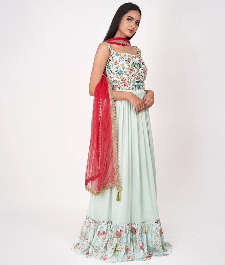Pista Green Multi Color Thread Embroidery With Sequins And Cutdana And Pearl Work Anarkali Salwar Kameez