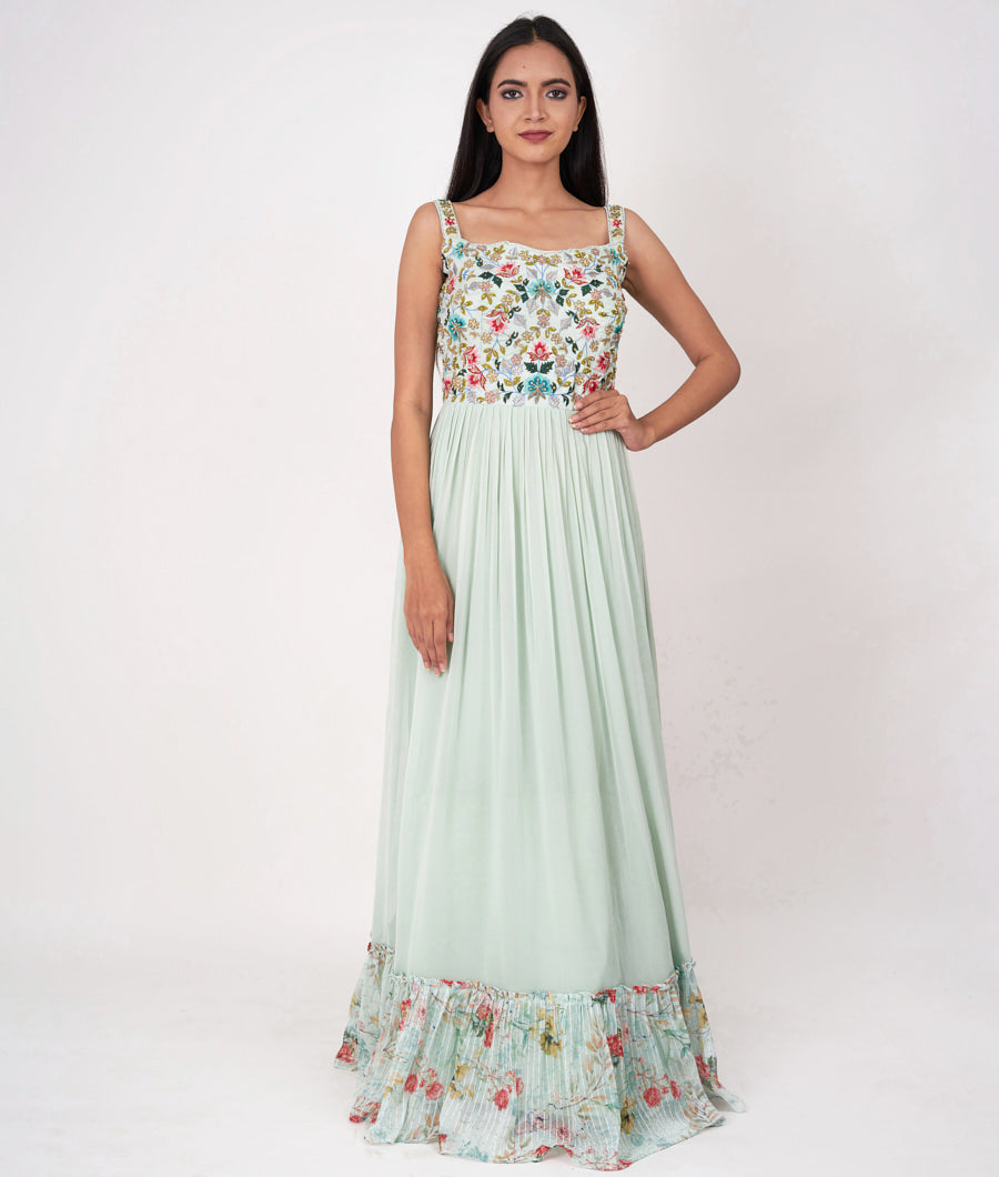 Pista Green Multi Color Thread Embroidery With Sequins And Cutdana And Pearl Work Anarkali Salwar Kameez
