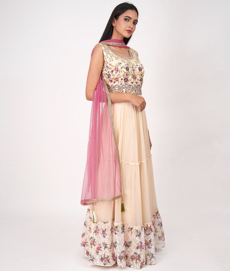 Cream Floral Print With Multi Color Thread Embroidery And Sequins And Cutdana And Mirror Work Anarkali Salwar Kameez_KNG97262