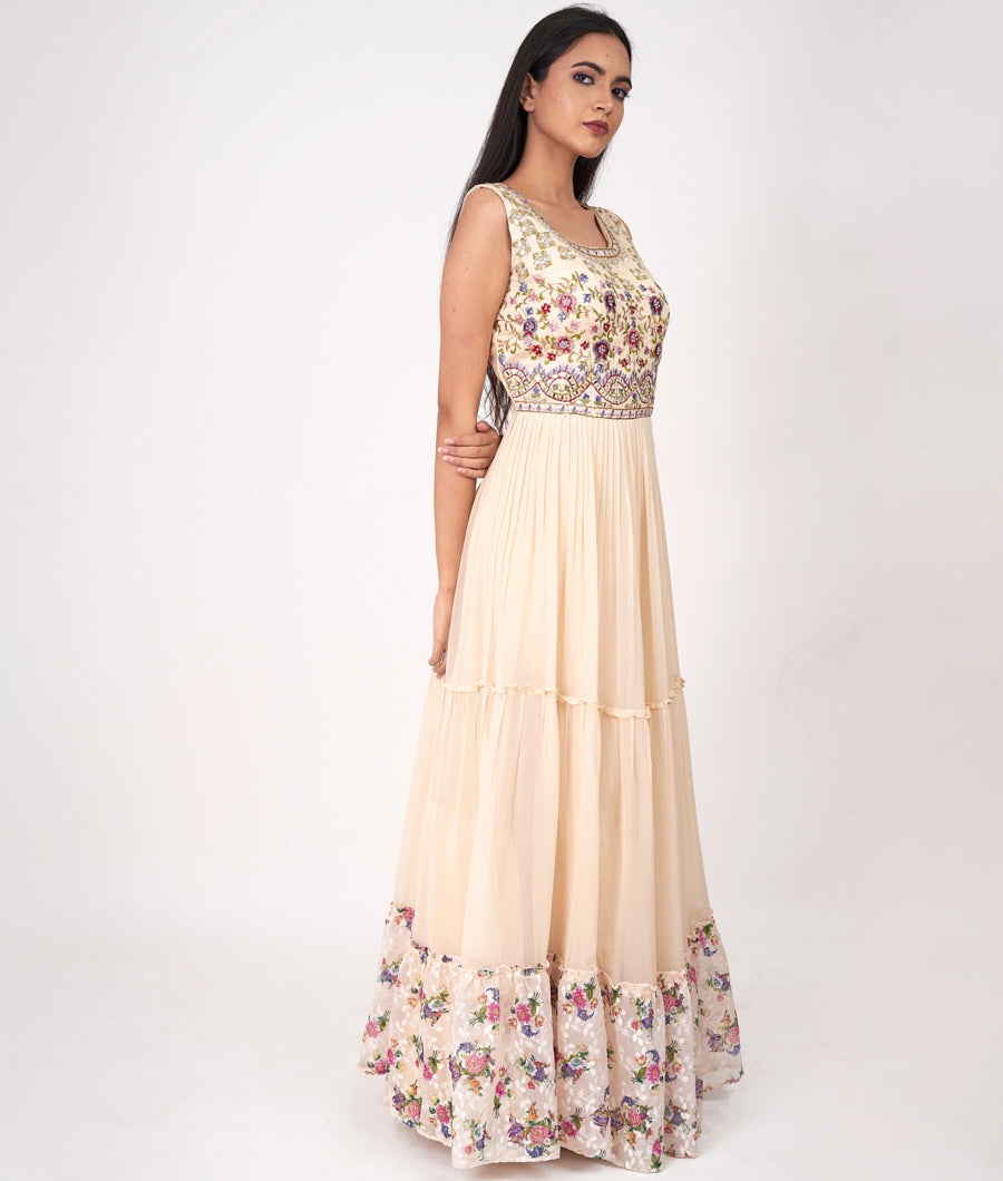 Cream Floral Print With Multi Color Thread Embroidery And Sequins And Cutdana And Mirror Work Anarkali Salwar Kameez_KNG97262