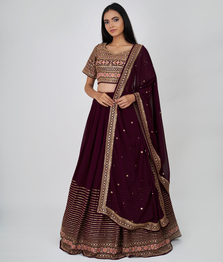 Wine Multi Color Thread And Zari Embroidery With Sequins Work  Lehenga_KNG97401