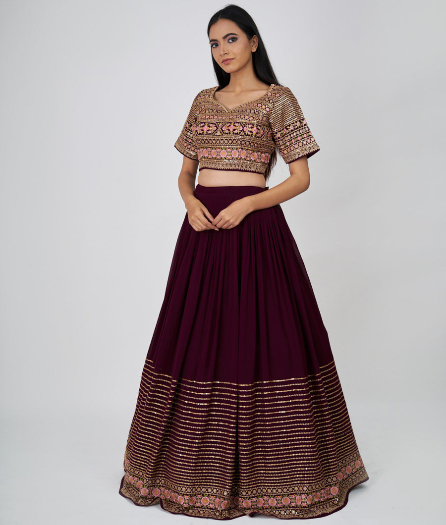 Wine Multi Color Thread And Zari Embroidery With Sequins Work  Lehenga_KNG97401