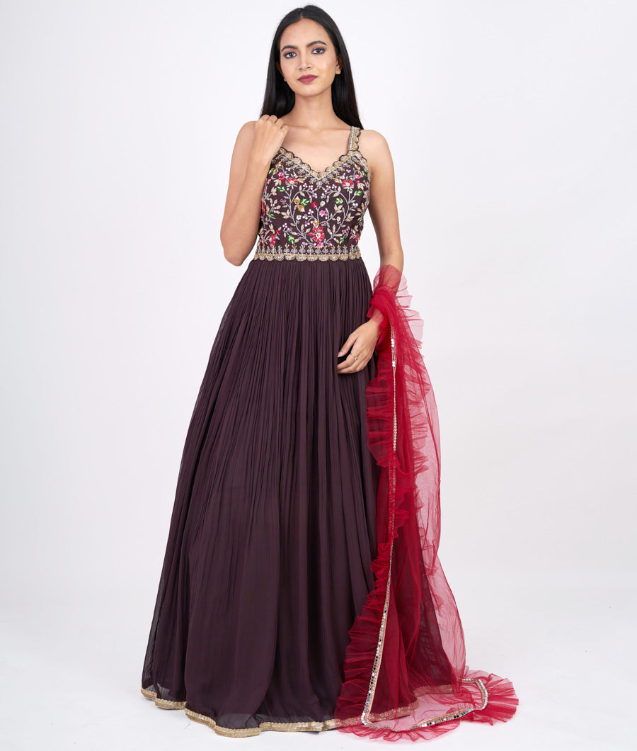 Brown Multi Color Thread Embroidery With Sequins And Cutdana And Zardosi And Mirror Work
 Gown Gown