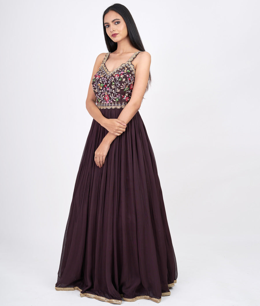 Brown Multi Color Thread Embroidery With Sequins And Cutdana And Zardosi And Mirror Work
 Gown Gown