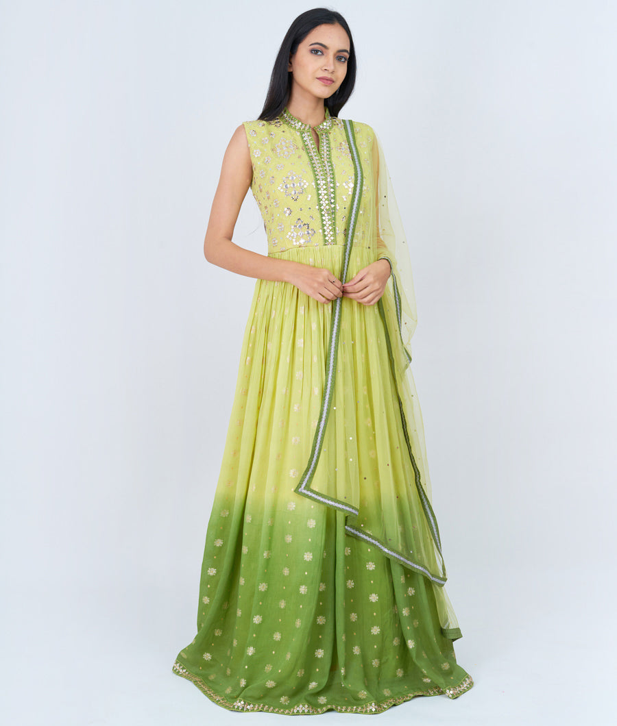 Pista Green Thread And Zari Embroidery With Sequins And Mirror Work Anarkali Salwar Kameez