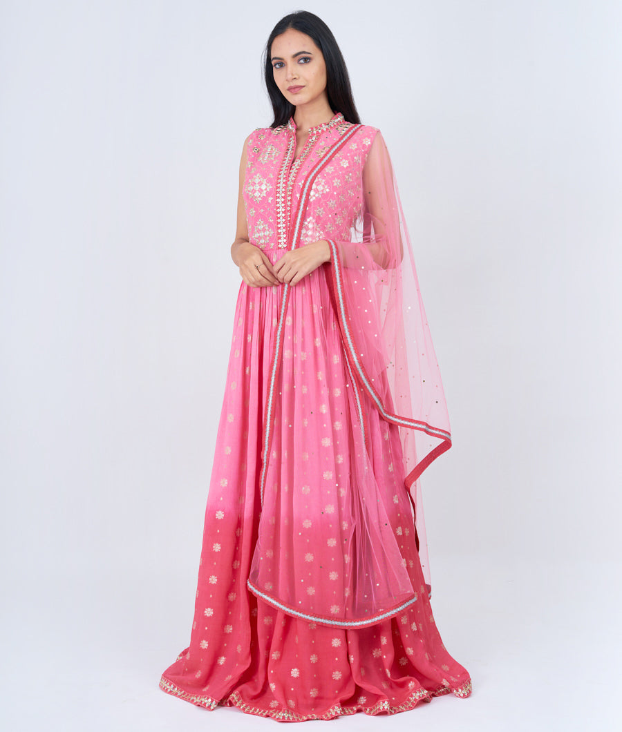 Pink With Coral Thread And Zari Embroidery With Sequins And Mirror Work Anarkali Salwar Kameez
