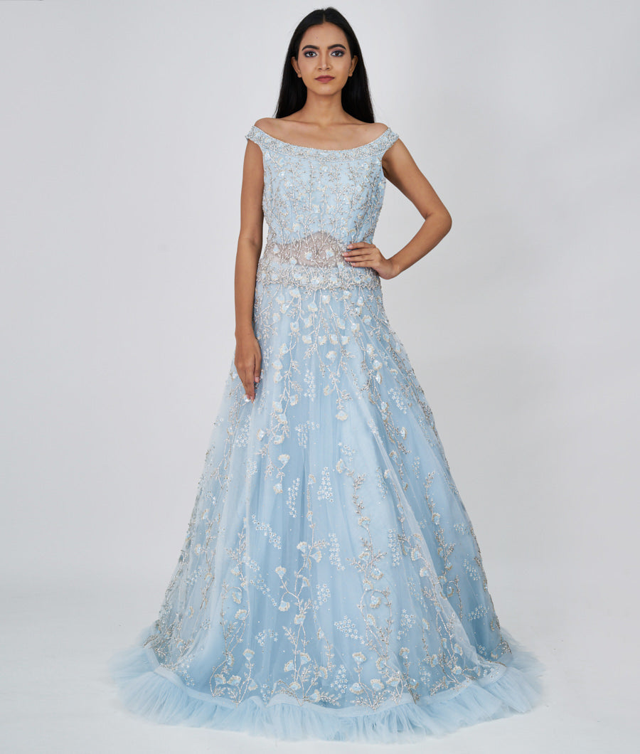 Sky Blue Zari Embroidery With Sequins And Jarkan Stone Work Ball Gown Gown
