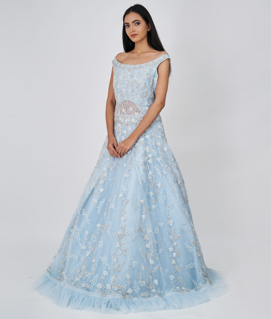 Sky Blue Zari Embroidery With Sequins And Jarkan Stone Work Ball Gown Gown