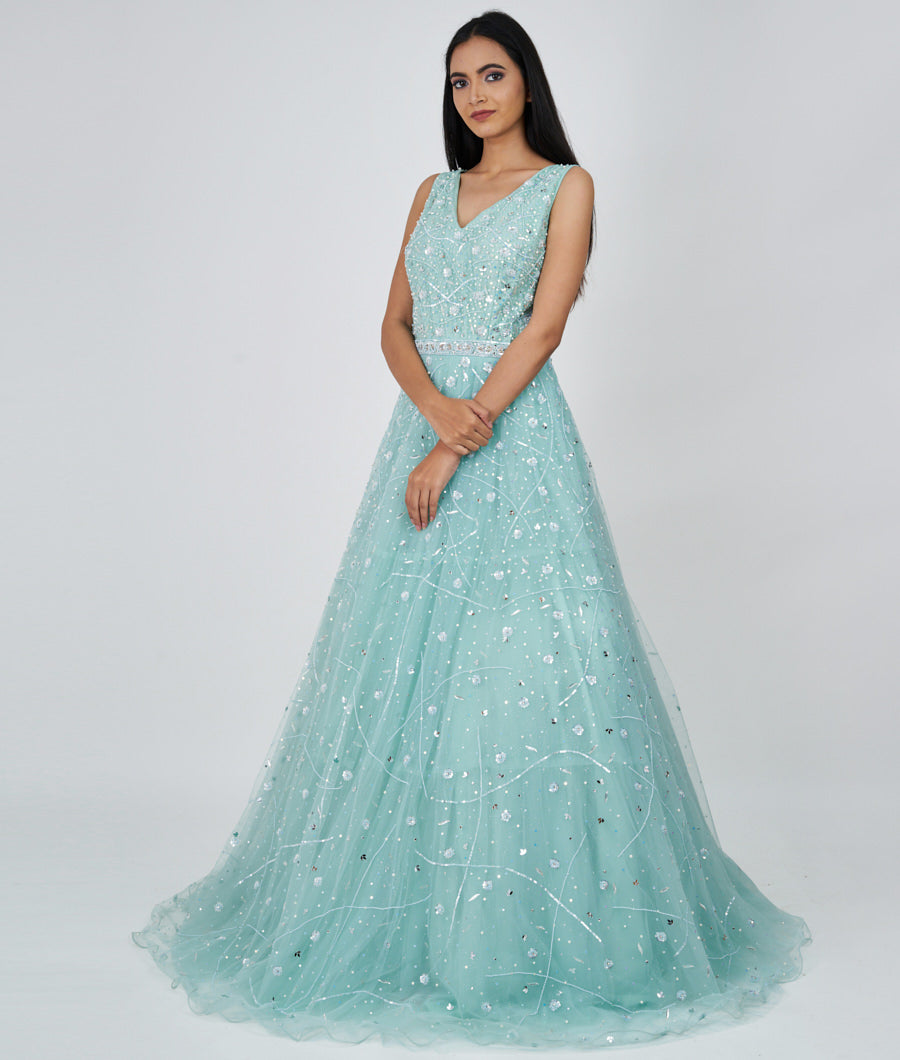 Lite Green Pearl With Sequins And Mirror And Jarkan Stone Work Ball Gown Gown