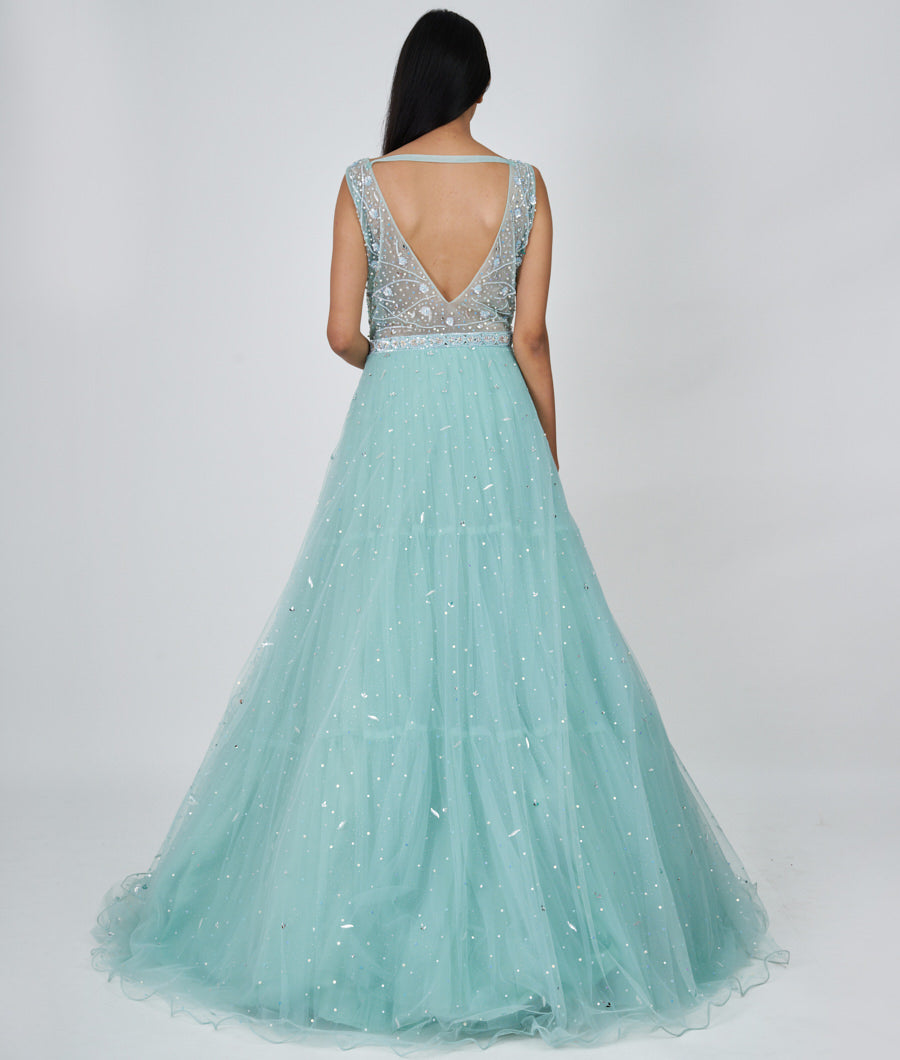 Lite Green Pearl With Sequins And Mirror And Jarkan Stone Work Ball Gown Gown