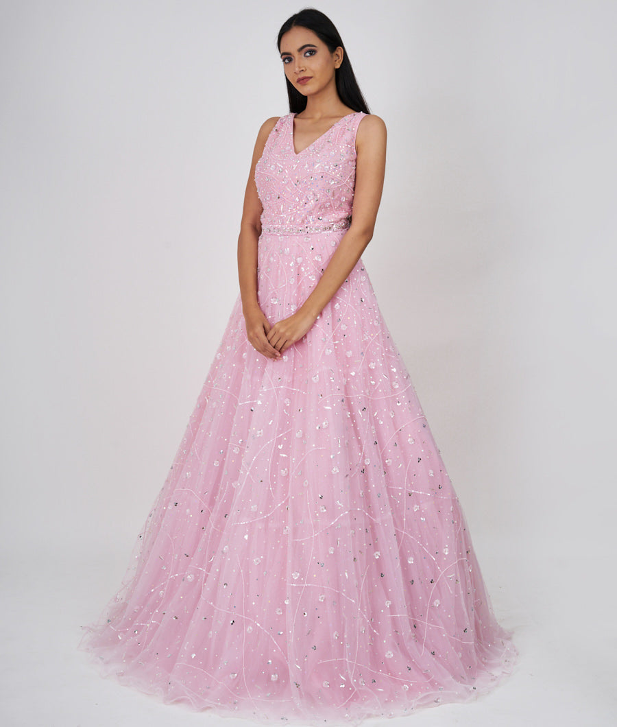 Pink Pearl With Sequins And Mirror And Jarkan Stone Work Ball Gown Gown