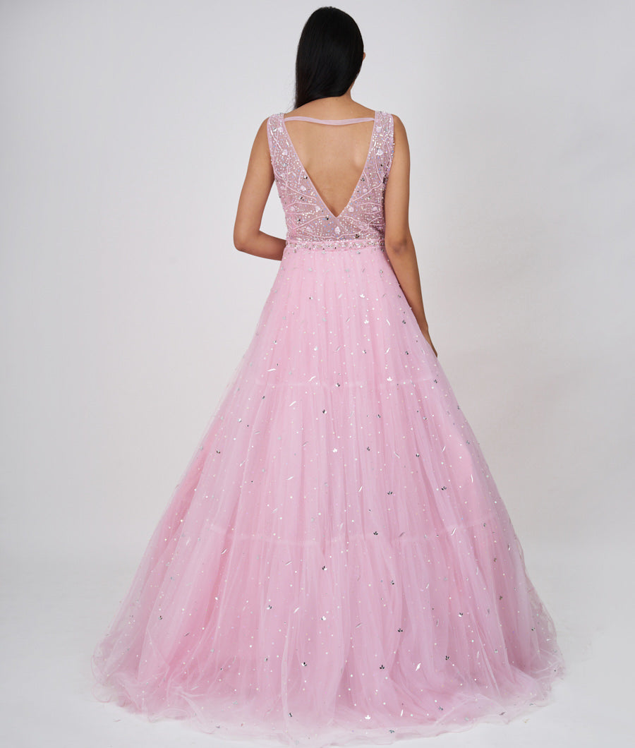 Pink Pearl With Sequins And Mirror And Jarkan Stone Work Ball Gown Gown