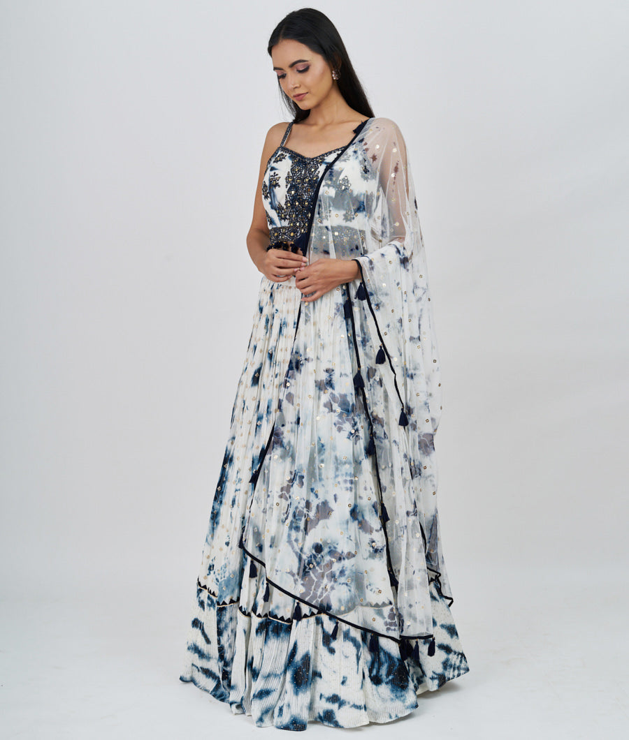 Offwhite/N.Blue Pearl With Sequins And Cutdana And Zardosi And Mirror Work  Lehenga