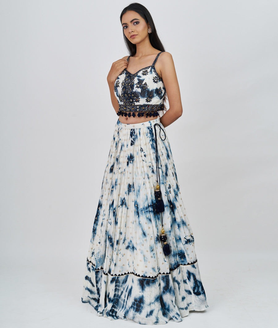 Offwhite/N.Blue Pearl With Sequins And Cutdana And Zardosi And Mirror Work  Lehenga