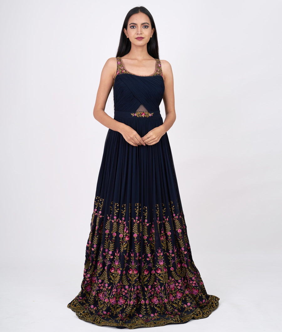Navy Blue Thread Embroidery With Sequins And Stone Work Anarkali Salwar Kameez