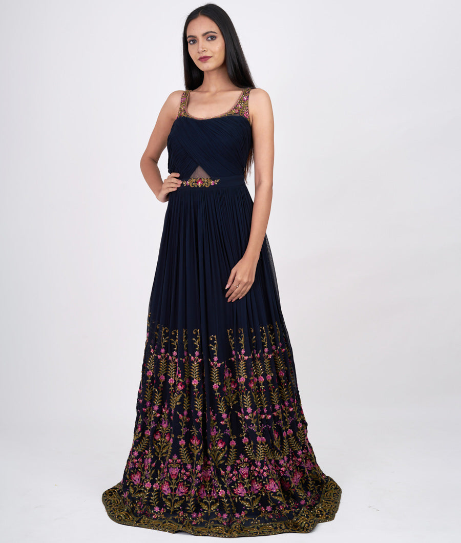 Navy Blue Thread Embroidery With Sequins And Stone Work Anarkali Salwar Kameez