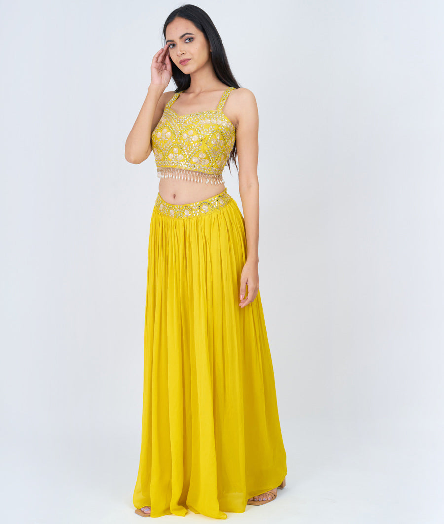Yellow Blouse Gota Patti With Mirror And Cutdana And Zari Embroidery Work Crop Top With Palazzo Set Salwar Kameez