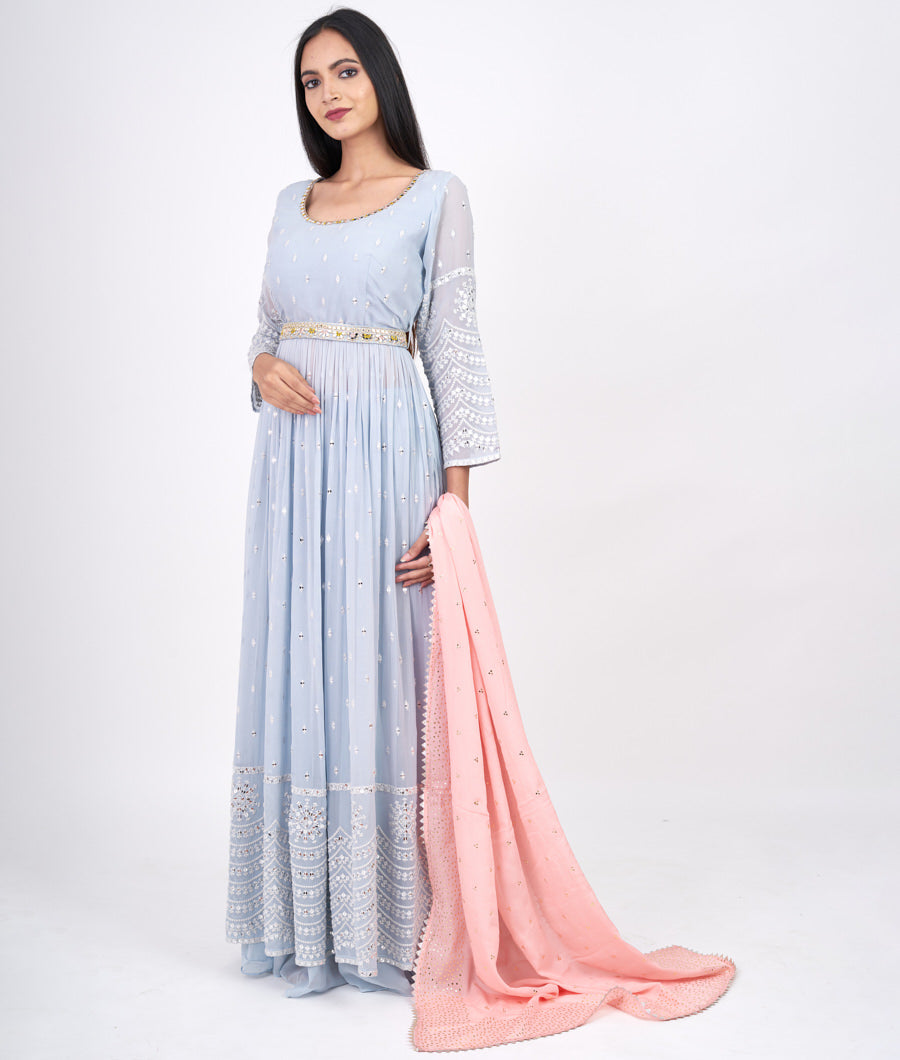 Midnigth Blue Thread Embroidery With Sequins Straight Cut Top With Palazzo Set Salwar Kameez