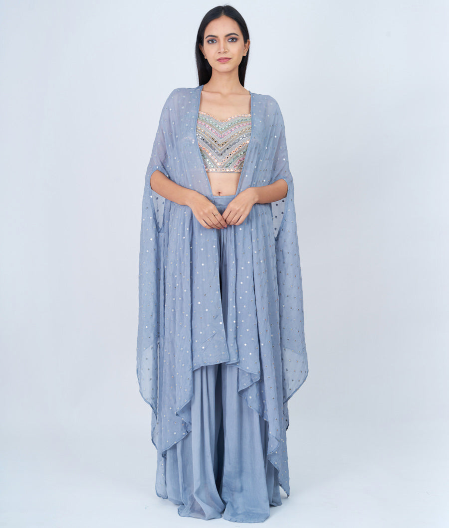 Lite Grey Thread And Zari Embroidery With Sequins And Mirror Work Crop Top With Palazzo Set Salwar Kameez