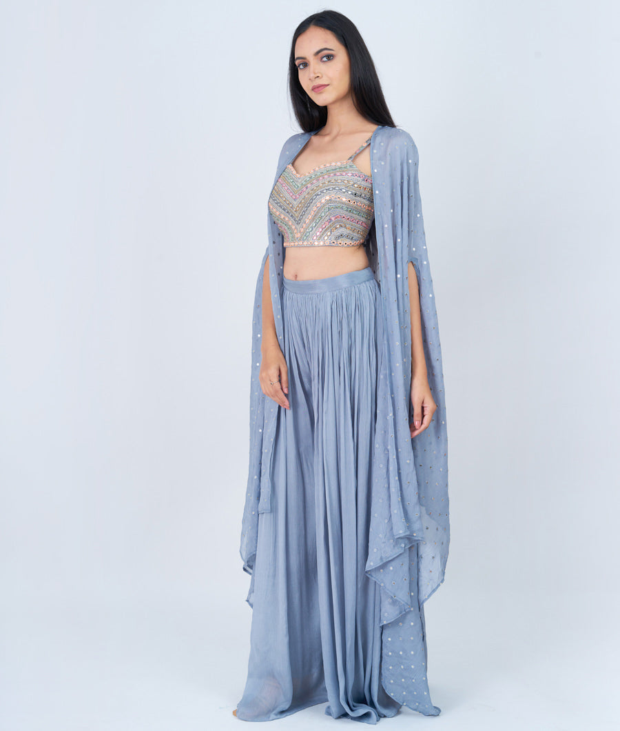 Lite Grey Thread And Zari Embroidery With Sequins And Mirror Work Crop Top With Palazzo Set Salwar Kameez