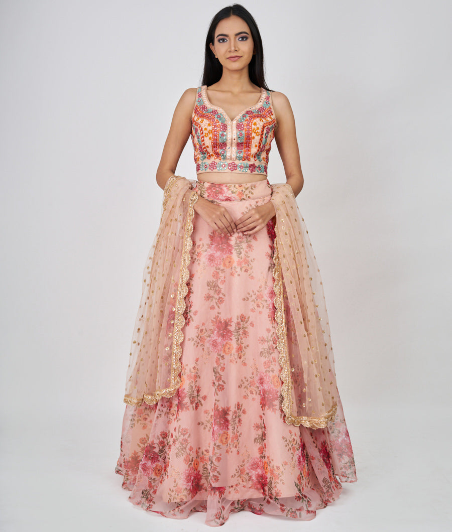 Peach Floral Print And Multi Color Thread Embroidery With Mirror And Sequins Work  Lehenga_KNG98710