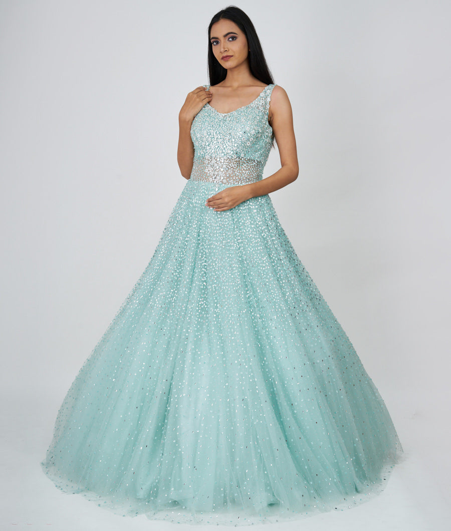 Aqua Sequins With Mirror And Cutdana And Jarkan Stone Work Ball Gown Gown