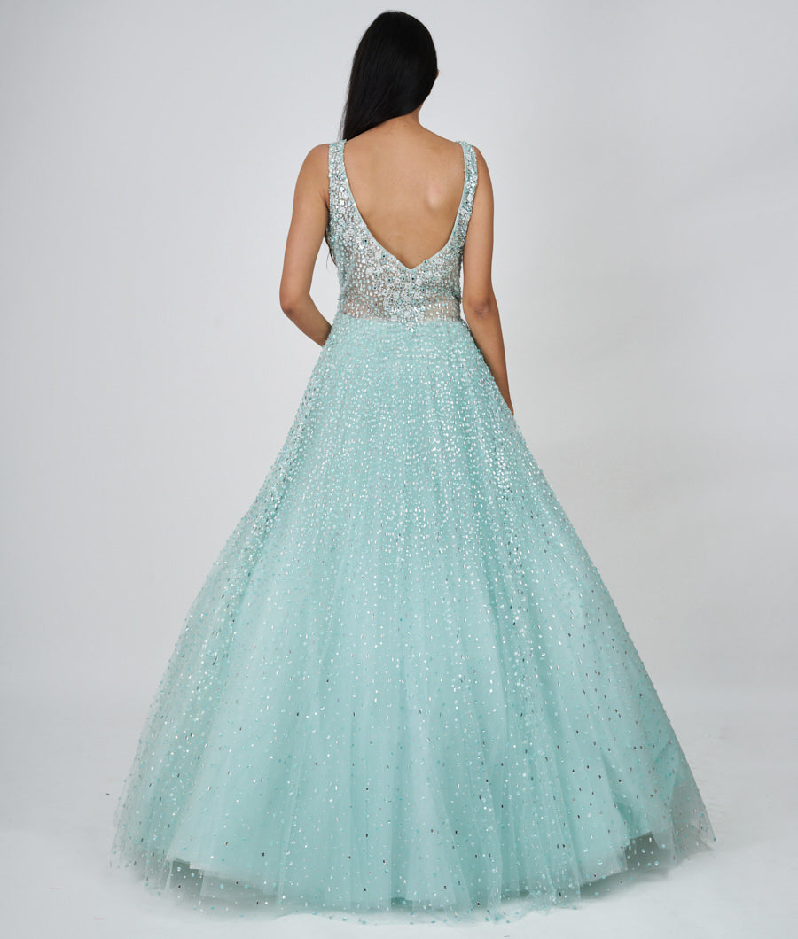 Aqua Sequins With Mirror And Cutdana And Jarkan Stone Work Ball Gown Gown